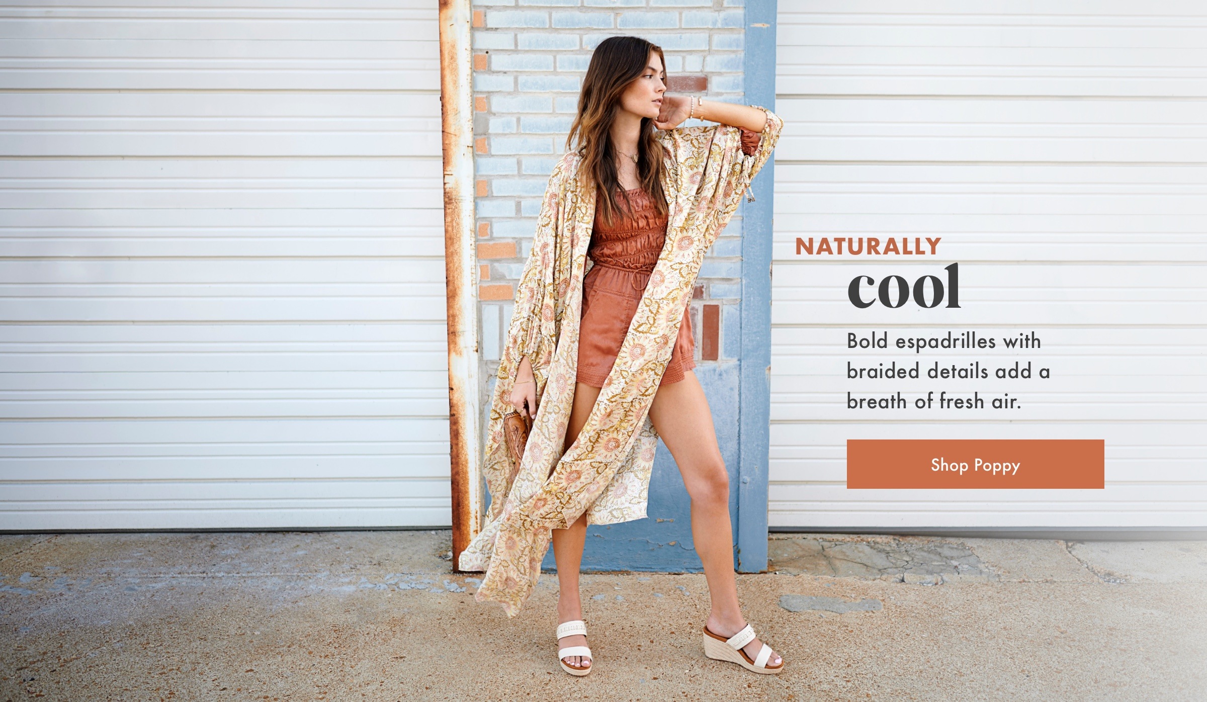model wearing the poppy wedge espadrille in birch beige