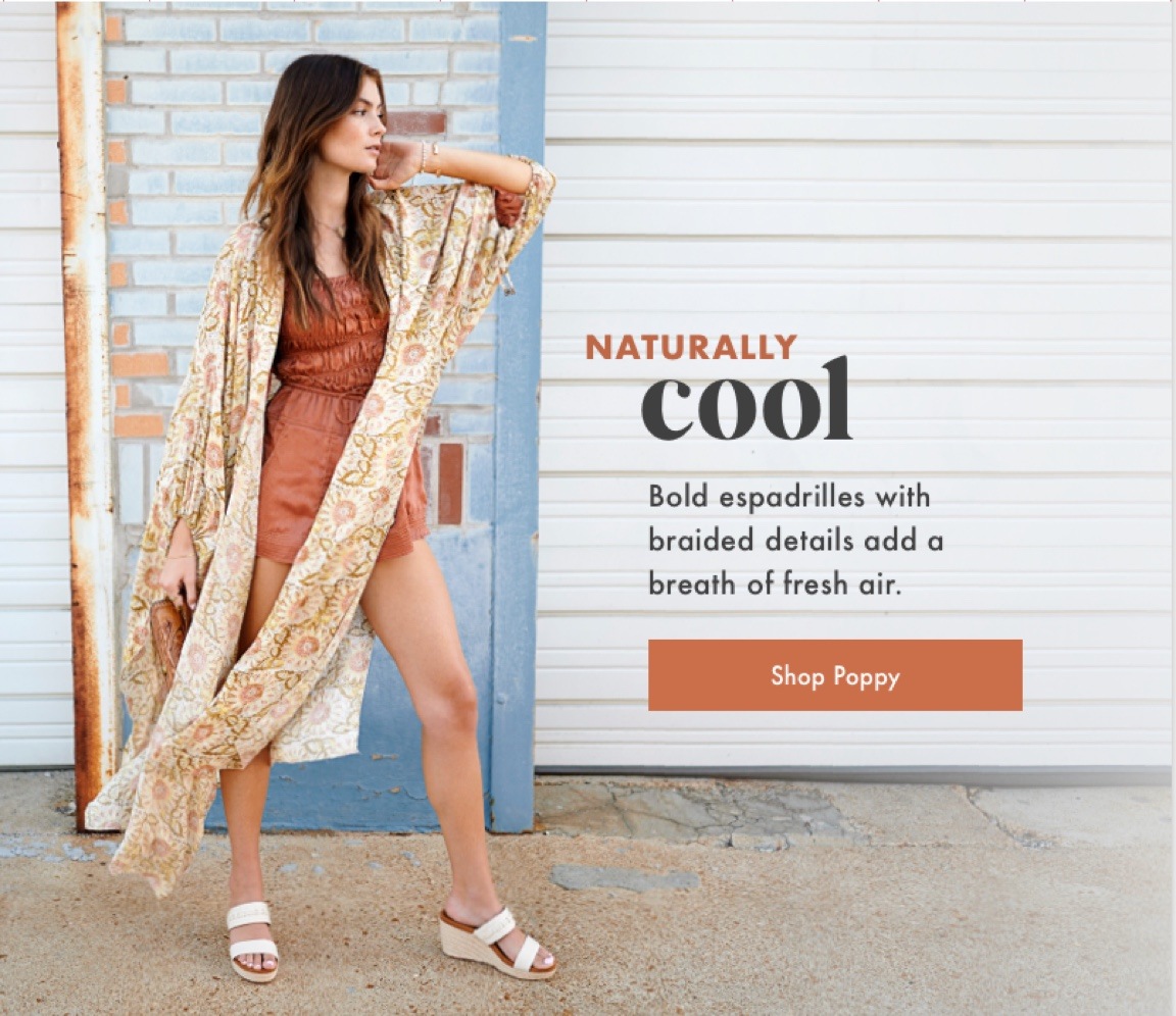 model wearing the poppy wedge espadrille in birch beige